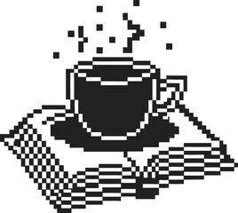 Fototapeta premium pixel art coffee cup with steam on open book retro digital art, steaming beverage, monochrome