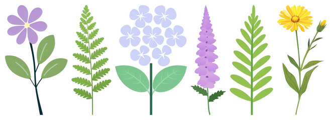 PNG Illustration of various colorful flowers and leaves transparent background.