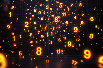 Glowing orange numbers floating in perspective over a grid, digital futuristic abstract creative background concept in a dark environment. Ai generative