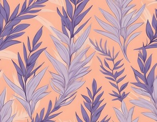 Seamless botanical pattern with lavender and banana leaves on peach background. Ideal for textile design, gift wrapping paper