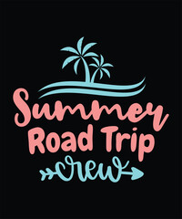 Fototapeta premium Summer road trip crew. A vintage summer holiday t-shirt design illustration featuring ice cream, coconut drinks, and a star.