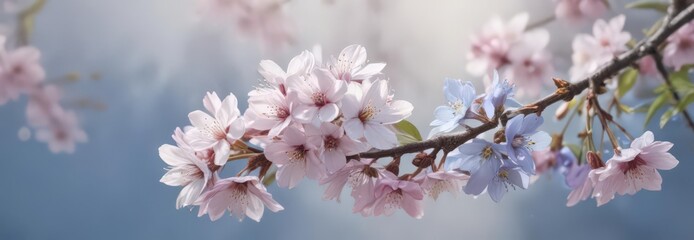 Obraz premium Delicate watercolor style cherry blossoms and forget-me-nots , nature, watercolor