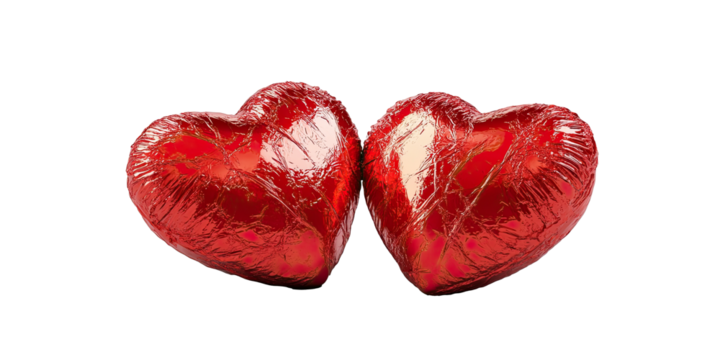Two red foil wrapped chocolate hearts isolated on white transparent background
