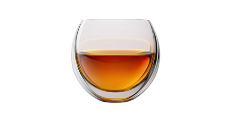 Glass of amber whiskey or cognac in modern rounded tumbler  isolated on white transparent background