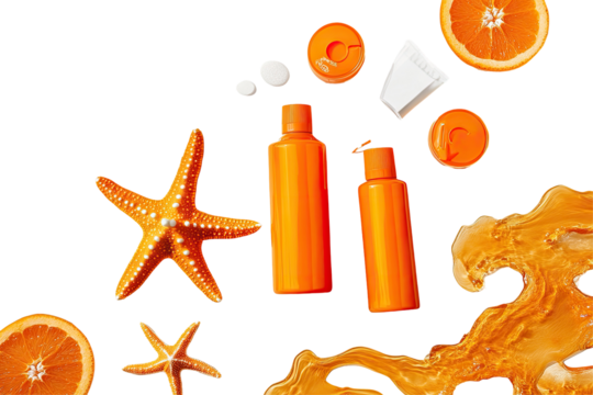 Vibrant orange cosmetic bottles and skincare containers arranged amidst orange slices, starfish, and abstract orange liquid swirls on a black background.  A summery, beach-themed product presentation