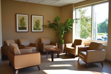 Fototapeta premium Contemporary Office Lounge: Clean and Fresh Interior Design for Waiting and Meeting Rooms