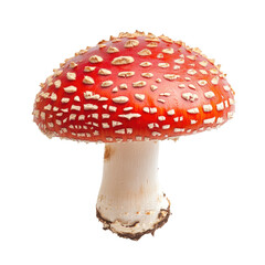 A vibrant red mushroom with white spots, a classic toadstool shape, isolated on a black background