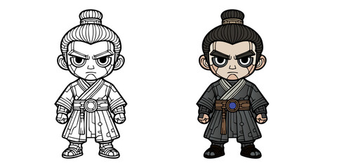 A cartoon character with a black and white outfit is shown in two different colors. The first color is white, and the second color is black