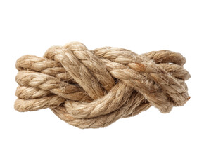 Decorative natural rope knot for crafts and rustic themes on a transparent background, cut out