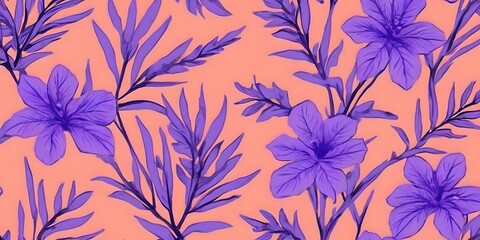 Fototapeta premium Seamless botanical pattern with lavender and banana leaves on peach background. Ideal for textile design, gift wrapping paper