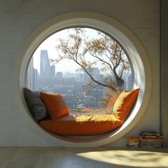 Cozy Circular Window with Soft Pillows Overlooking a Vibrant City View in Daylight - Three-Dimensional Illustration