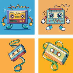Retro Cartoon Characters And Cassette Tape Set With Vibrant Colors