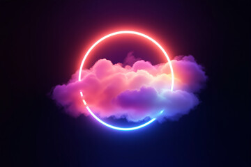 Obraz premium Glowing neon ring around fluffy colorful clouds, dreamy surreal style on a dark gradient background, concept of futuristic imagination. Ai generative