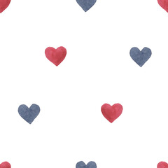 Watercolor seamless romantic romantic retro background with red and gray hearts on white