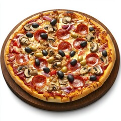 Delicious pepperoni pizza with olives and mushrooms isolated on white background