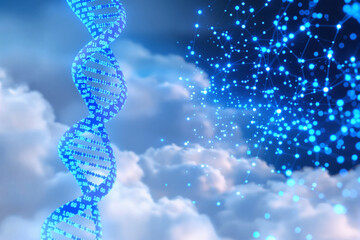 Glowing digital DNA helix with binary code and neural network of data points floating above soft clouds, creative science and technology background. Ai generative