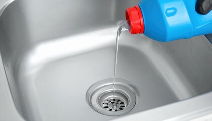 Pouring Chemical Drain Cleaner into Kitchen Sink for Unclogging