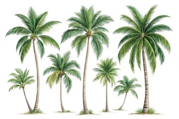 Collection of Lush Tropical Palm Trees on white background 