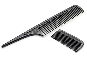 Black plastic comb and scissors are isolated grooming tools for hair