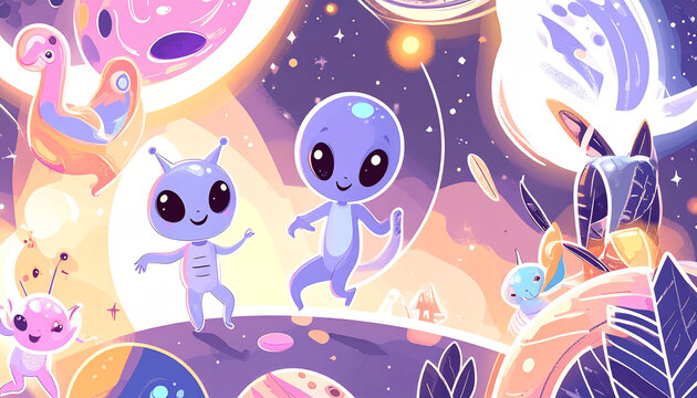 Two cute, light-blue aliens joyfully dance amidst a vibrant, whimsical cosmos filled with planets, stars, and other playful alien creatures