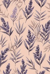 Fototapeta premium Seamless botanical pattern with lavender and banana leaves on peach background. Ideal for textile design, gift wrapping paper
