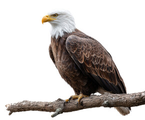 Obraz premium Bald eagle perched on a tree branch in natural habitat on a transparent background, cut out