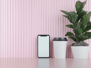 Minimalist Workspace with Smartphone, Coffee Cup, and Plant