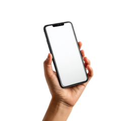 Hand holding modern smartphone with blank screen for design use on a transparent background, cut out