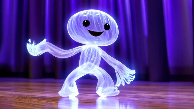 Playful glowing character dancing on stage