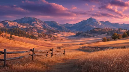 Fototapete Wooden fence in golden field with mountain sunset backdrop, rustic countryside landscape for seasonal and travel visuals © Valeria