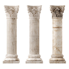 Three rendered classical columns, varying in detail and texture, showcasing different styles of capitals and shaft fluting; a smooth, fluted, and ornate example