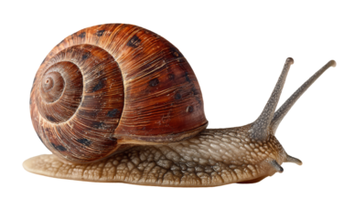 Close-up of Garden Snail with Brown Shell on White Background