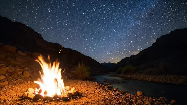 Night in the Canyon with Relaxing Campfire Fire Burning and Amazing Natural Landscape View with Marvelous Bright Milky Way Stars Shining on Mountains