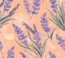 Fototapeta premium Seamless botanical pattern with lavender and banana leaves on peach background. Ideal for textile design, gift wrapping paper