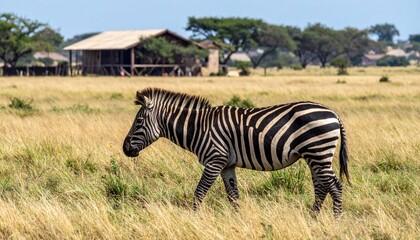 Fototapeta premium Zebra Grazing in Font of Farmhouse in Samburu Region