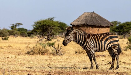 Obraz premium Majestic Zebra Grazing Near Traditional Farmhouse in Samburu Region
