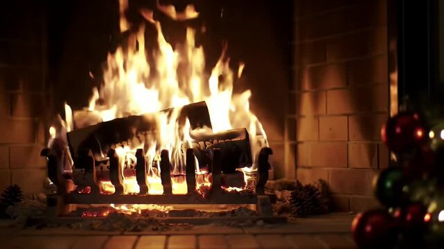 Slow motion video of cosy fireplace with reddish fire during holidays