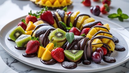 Chocolate Shawarma Fruit Plate with Fresh Berries and Tropical Fruits &ndash; Artistic Dessert 8K Photo-chocolate shawarma, fruit plate, fresh fruit dessert, chocolate drizzle, tropical fruits