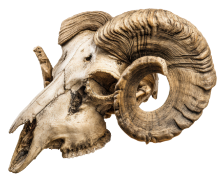 Bighorn sheep skull with intricate horn details for display on a transparent background, cut out