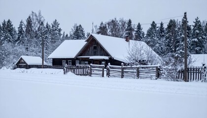 Serene Siberian Farmhouse Surrounded by Snowy Winter Forest Landscape