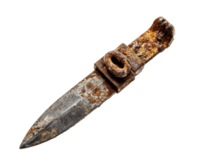Vintage iron knife with rusted blade and worn handle for crafting on a transparent background, cut out