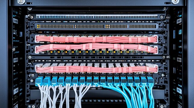 CAT6 and CAT5e ethernet cables linked into modular switches across multiple racks, vibrant color contrast between cables and matte switch surface, heat vent details sharply visible, symmetrical