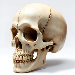 Obraz premium An intricately detailed human skull, meticulously captured. The skull has a textured surface and shows a lot of tiny details of the bone