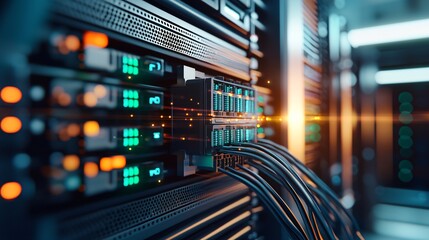 ethernet cable securely connected to a rack-mounted enterprise network switch in a state-of-the-art data center, green and amber LED lights blinking in perfect sequence, color-coded CAT6 cabling