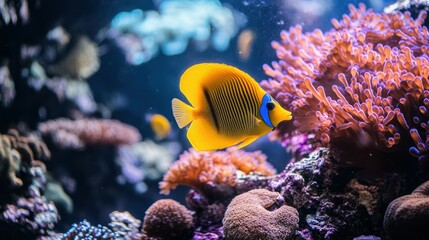 A vibrant yellow fish swims amongst coral and anemones in an underwater reef.