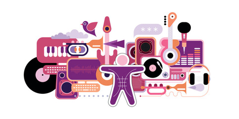 Abstract musical composition in a modern style. Illustration featuring musical instruments, speakers, vinyl records, headphones. Flat design with geometric shapes and a pink-purple color palette. 
