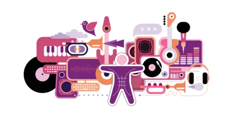 Abstract musical composition in a modern style. Illustration featuring musical instruments, speakers, vinyl records, headphones. Flat design with geometric shapes and a pink-purple color palette. 