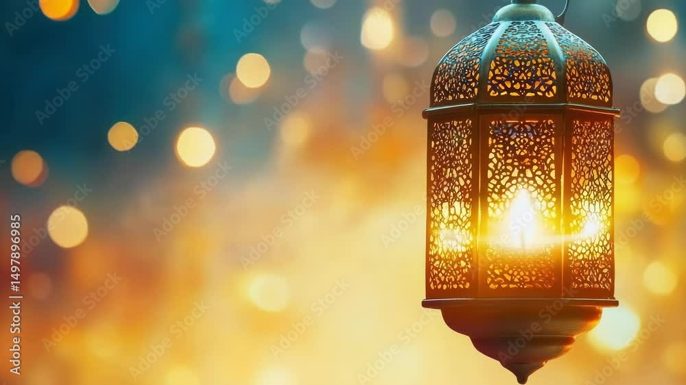 Poster A lantern hanging from a string with soft lights shining in the background, perfect for use as a decorative element or in a scene with warm lighting