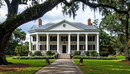 Majestic Southern Plantation Farmhouse Surrounded by Lush Landscape