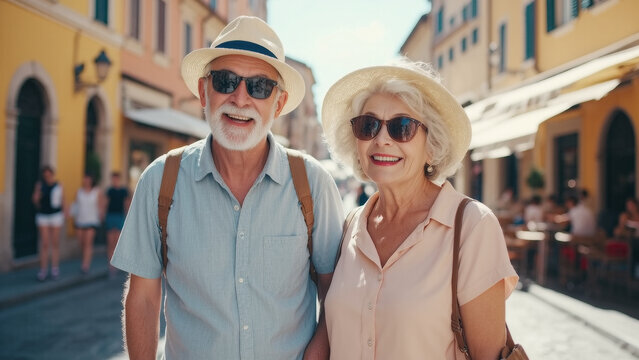 An elderly couple wearing sunglasses and summer hats smile joyfully while exploring a charming European street lined with colorful buildings and outdoor cafés on a sunny day. - Powered by Adobe